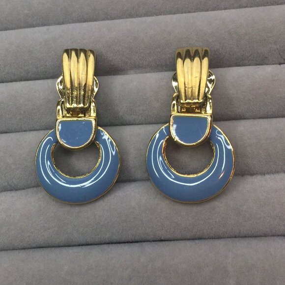 Vintage Gold and Blue Enamel Retro Clip on 80s Dangle Circle Round Earrings - Picture 1 of 3
